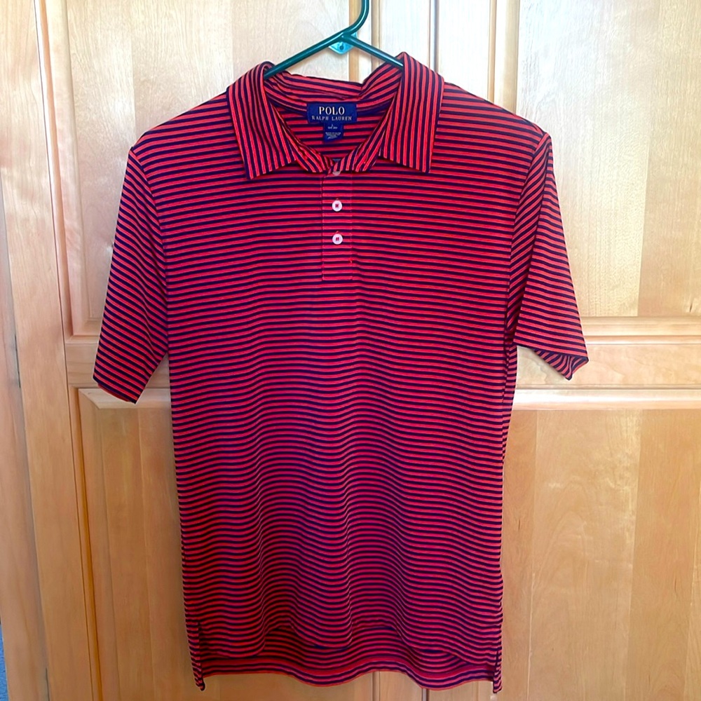 Ralph Lauren Polo Boys Blue Orange Striped Performance Short Sleeve Sz L